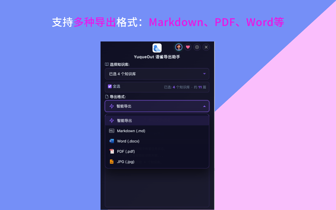 YuqueOut 多格式导出能力,支持 Markdown、Word、PDF、Excel、CSV、PNG 等格式